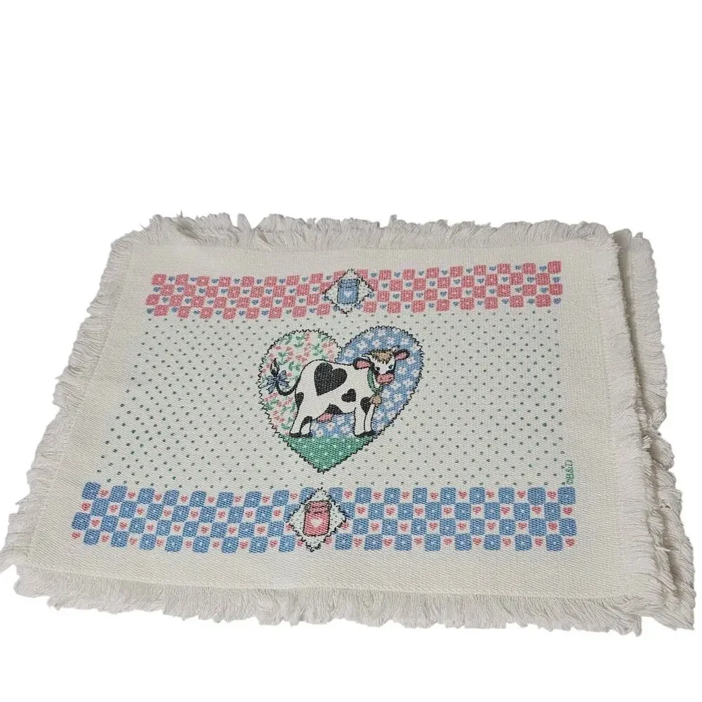 Vintage 80s B&D Country Cow Heart Fringed 4 Placemats Cottage Core